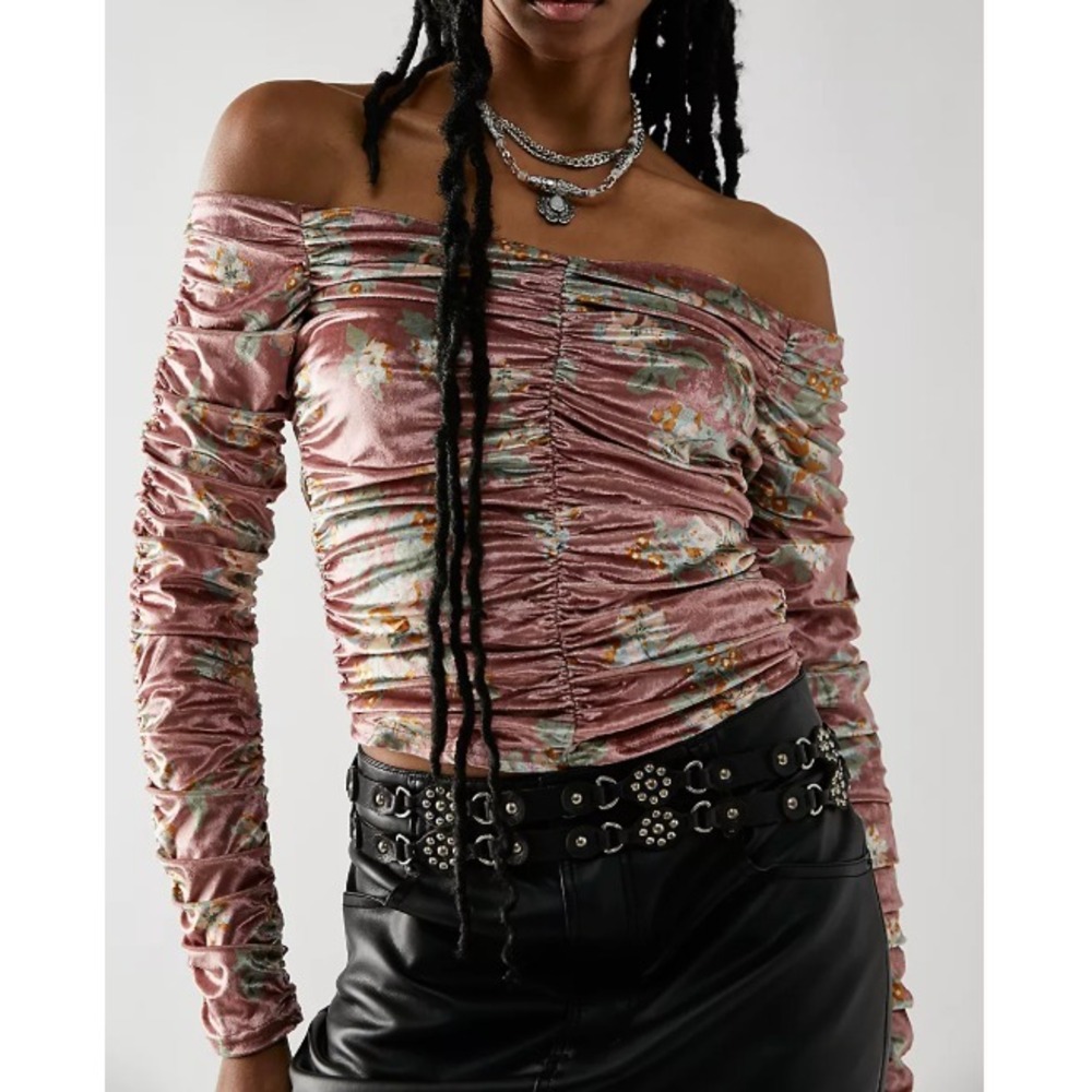 Free People Dusty Pink Floral Velvet Off Shoulder Ruched Top Y2K Soft Grunge‎ M